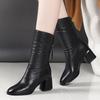 New Women'S Chunky-Heeled Mid-Calf Boots with Back Zipper in Black, Featuring Warm Lining And a British Style for The Autumn And Winter of 2025