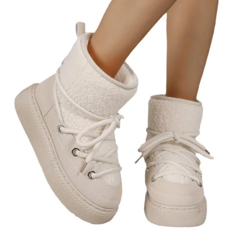 Winter New Women's Plush Ankle Boots Short Tube Snow Boots Lace Retro Thick Bottom Plush Warm Casual Cotton Boots Large 43