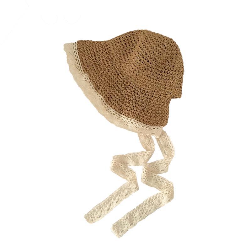 Summer Bucket Hat Women Lace Sun Hats for Wide Brim Straw Beach Side Cap Floppy Female Straw Hat Lace Solid Fringe Straw Hat
