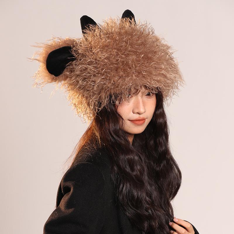 Cute Funny Little Lamb Plush Hat for Women In Autumn and Winter Warm and Cold Knitted Hat Showing Face with Little Sweet Fisherman Pullover Hat