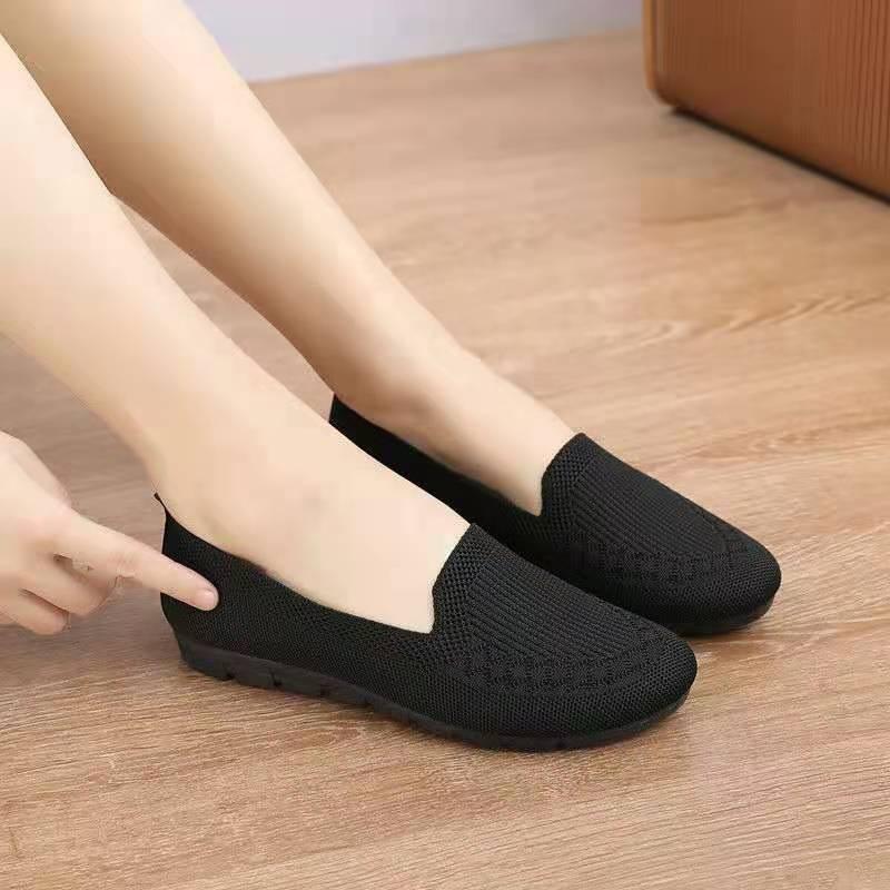 Large size autumn single shoes women's shoes breathable mesh one-pedal flat-soled comfortable flying-woven medium and old mother shoes
