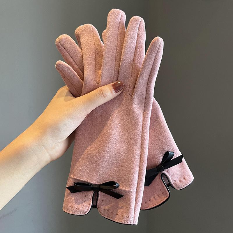 Winter Women Lovely Gloves Girl Fashion Wrist Bow Youth Students Full Finger Cycling Keep Warm Touch Screen Mittens Female