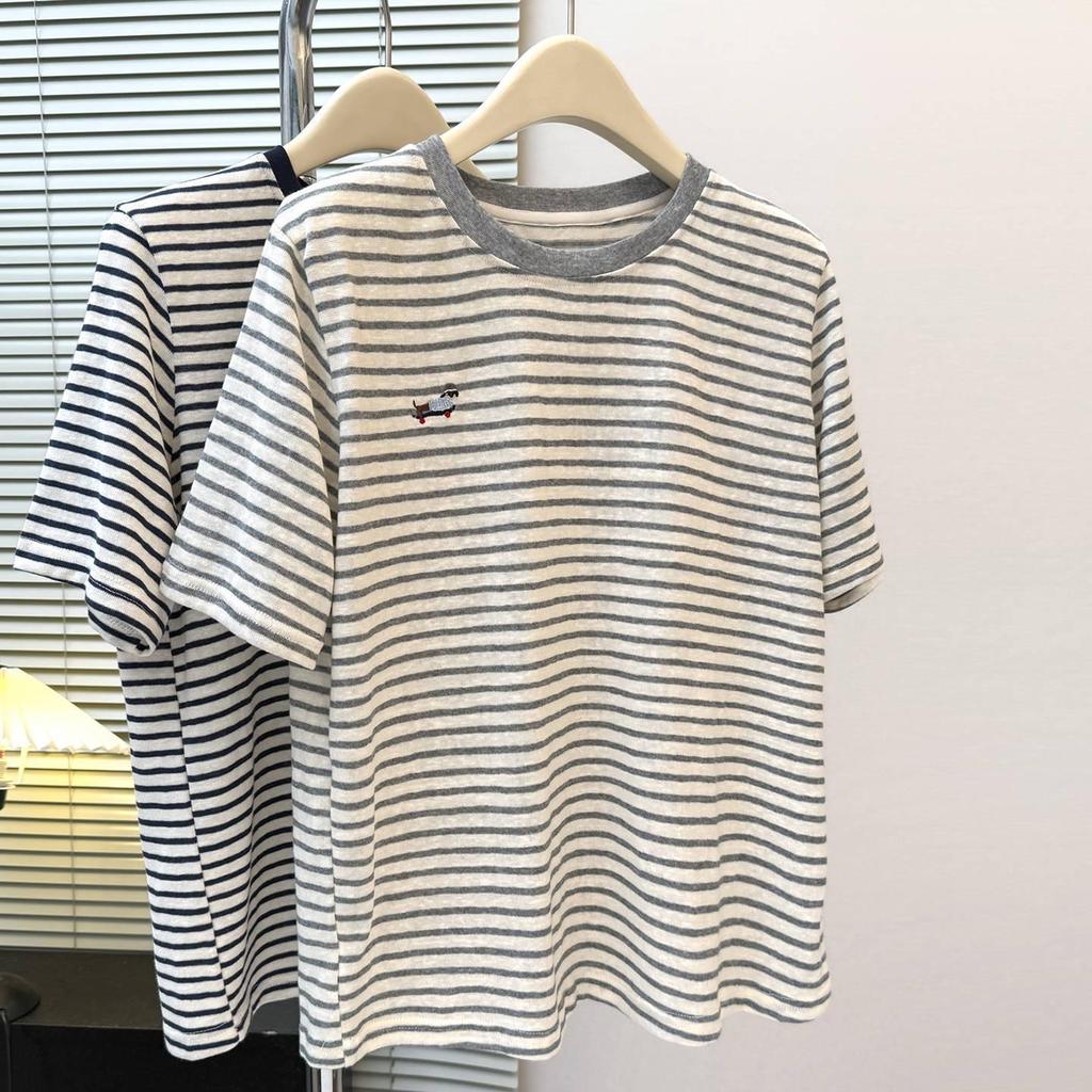 Korean Style Women's Niche Cartoon Embroidery Striped Half-Sleeve T-shirt