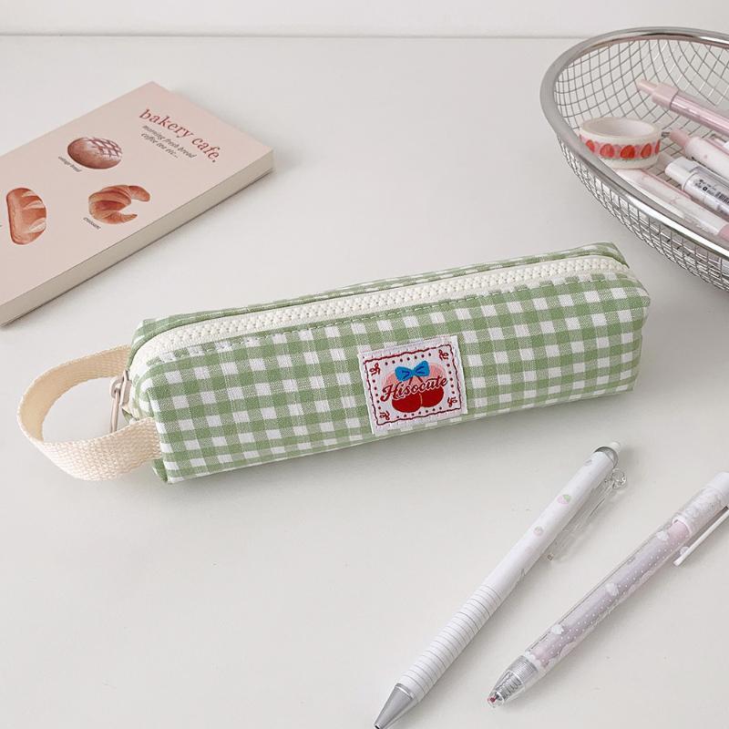 Cute Plaid Large Capacity Pencil Case Pen Bag Kawaii Stationery Storage Bag Suitable For Back-To-School Season Girls