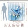 1pc Blue Butterfly Shower Curtain - Soft Watercolor Background, White Flowers, 70.8x70.8", 12 Hooks, Washable, Polyester