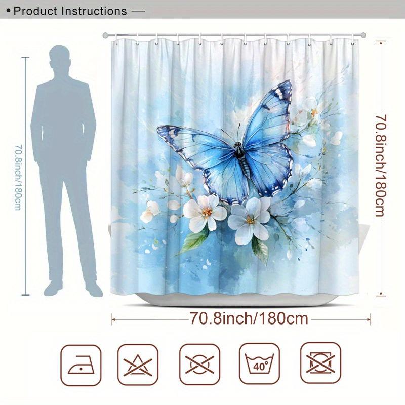 1pc Blue Butterfly Shower Curtain - Soft Watercolor Background, White Flowers, 70.8x70.8", 12 Hooks, Washable, Polyester