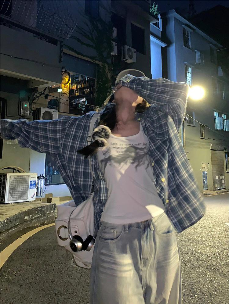 Women's Autumn American Retro Plaid Blue Shirt - Versatile Casual Sunscreen Jacket