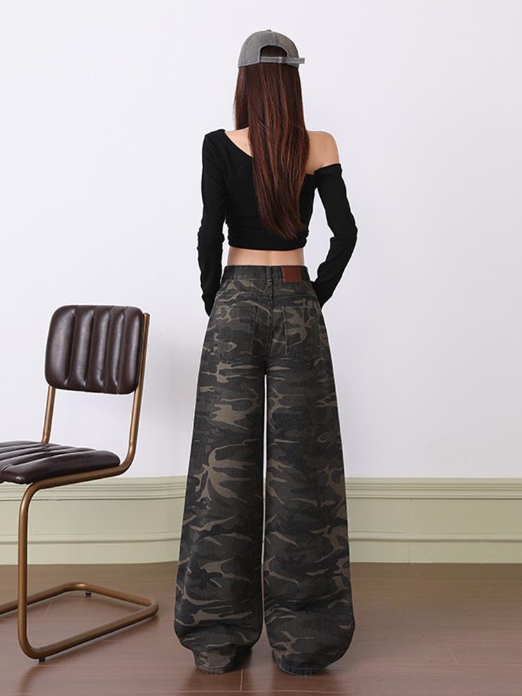 Jeans Denim Mimetici Retro Americani da Donna - Autunno 2025 Slim Fit, Dritti Larghi, Casual a Gamba Larga, Pantaloni Lunghi fino a Terra