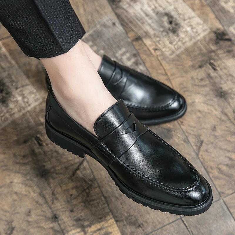 Men Thick Soled Loafers Shoes Leather Dress Shoes Men Outdoor Walking Shoes Comfortable Men Party Wedding Office Large Size Shoe