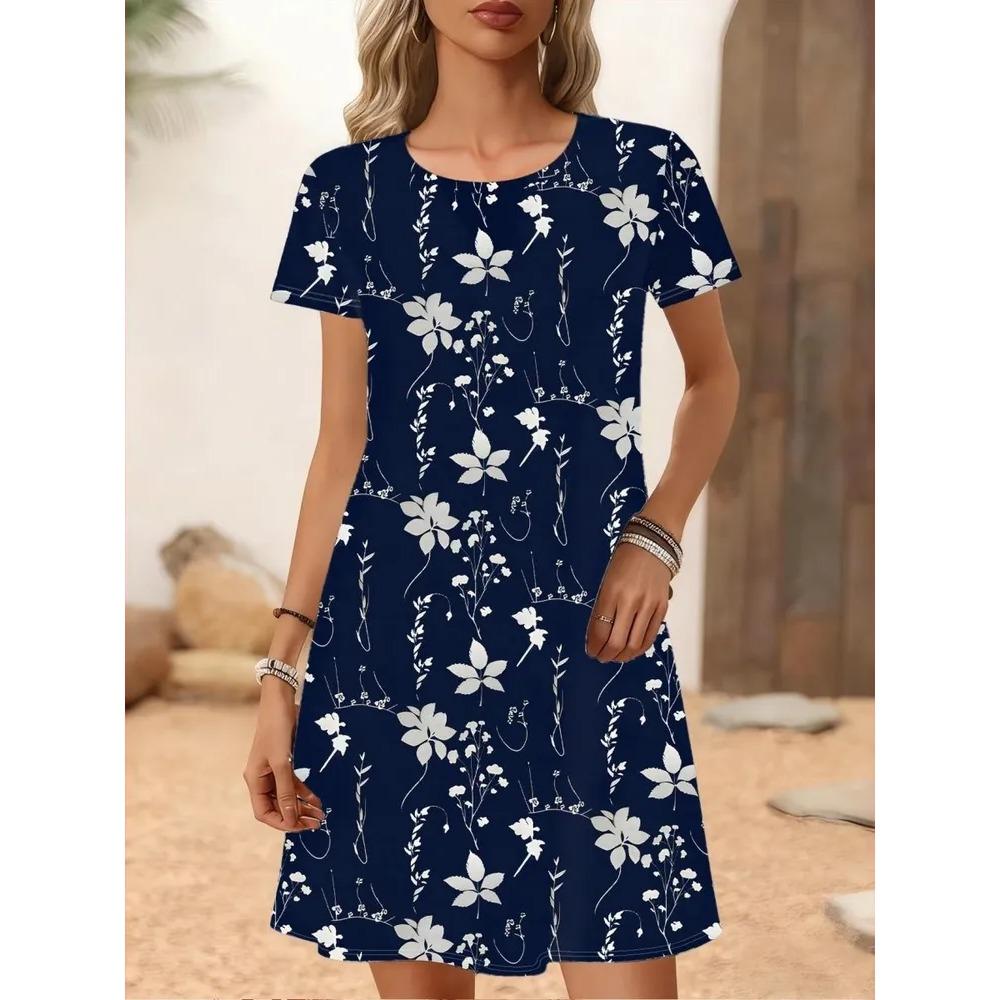 Creative Retro Colorful Flowers Patterns Women Mini Dresses Summer Short Sleeve Printed Plus Size Casual Comfortable Soft Dress