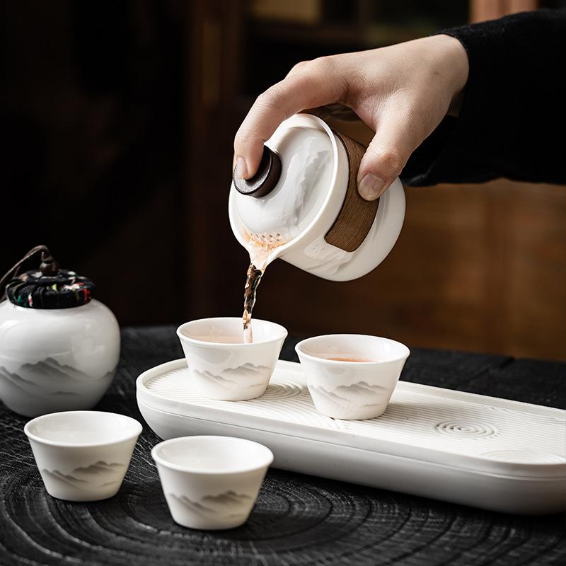 Yangzhiyu ceramic travel tea set: one pot, three cups, Kuaike cup, outdoor travel exquisite small set, single-person drinking tea set