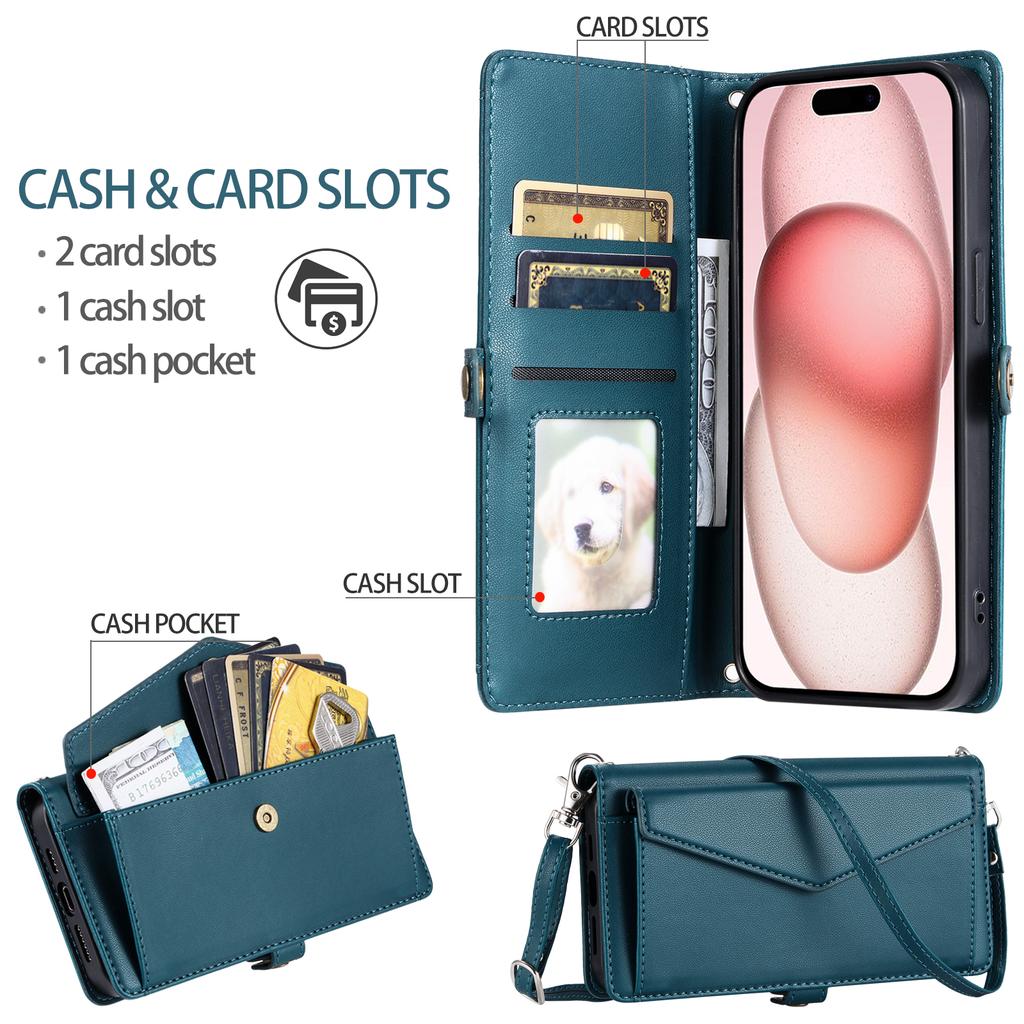 Für iPhone 16 Plus Lederhülle Brieftasche Ständer Handyhülle mit Riemen