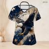 Women Plus Size Bald Eagle Star Printed Keyhole Neck Short Sleeve Nurse Scrub Top With Pockets