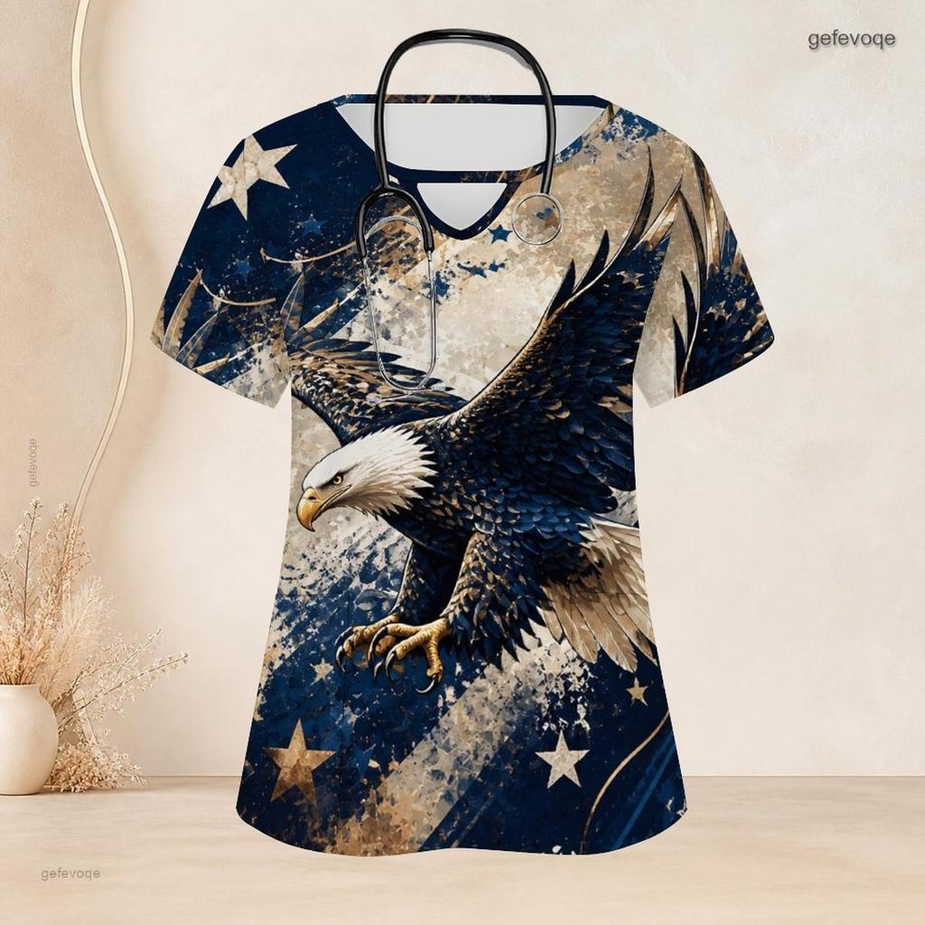 Women Plus Size Bald Eagle Star Printed Keyhole Neck Short Sleeve Nurse Scrub Top With Pockets