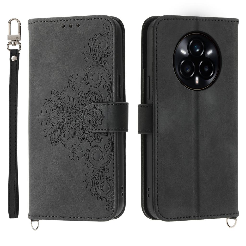 For Realme 14 Pro+ 5G Case Flower Pattern PU Leather Wallet Phone Cover with Strap