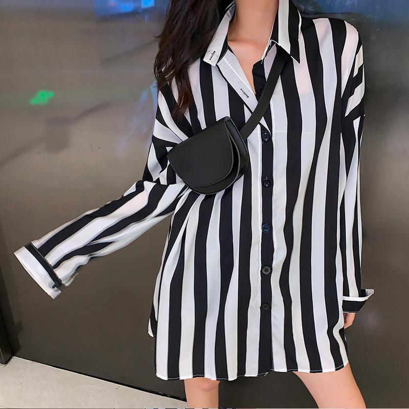 

RUGOD Осенняя новая свободная полосатая рубашка с длинными рукавами, женские топы One Size чёрный