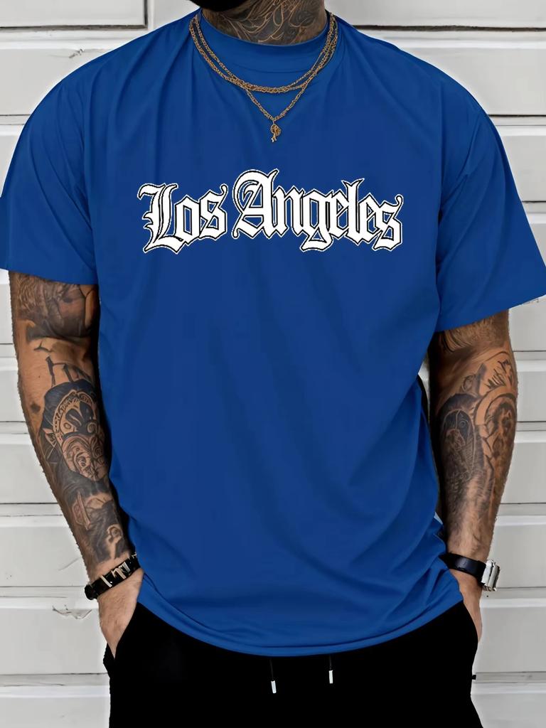 Men's summer 100 cotton fashionable casual loose plus size Los Angeles letter printed sports round neck short sleeved 2D T-shirt