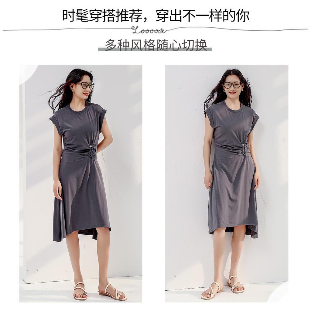 Round neck simple waist cinching irregular dress for women