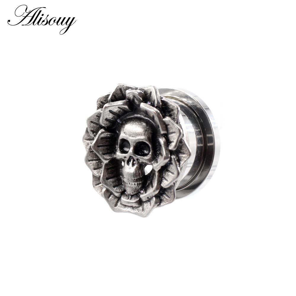 Alisouy 2 Stück 6–25 mm Retro-Edelstahl-Schädel-Blume, abschraubbar, Ohrtunnel, Plugs, Expander, Keilmessgeräte, Körperpiercing-Schmuck