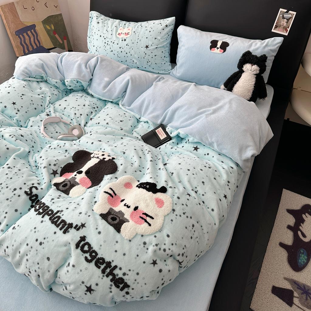 Kawaii Bear Embroidered Winter Bedding Set Thickened Warm Milk Velvet Duvet Cover Set with Sheets Soft Flannel Quilt Cover Kit