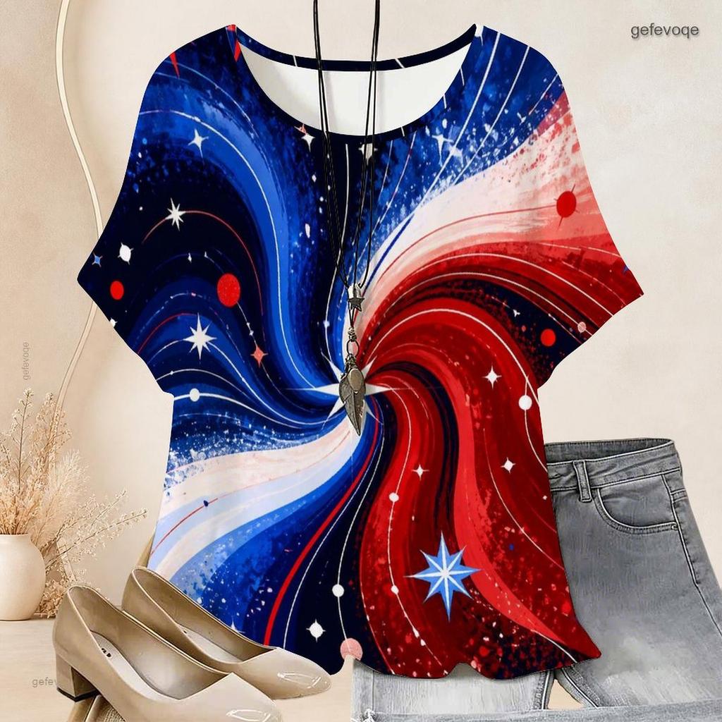 Women Plus Size Round Neck Batwing Short Sleeve Top Star Planet Cosmic Wave Print Loose Casual Tunic Blouse