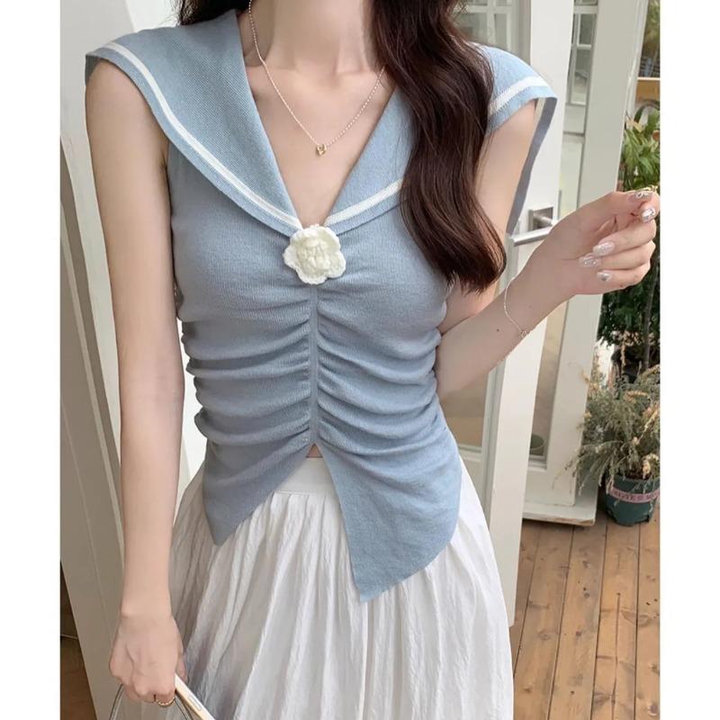 Summer New Women's Sweet Navy Collar Sleeveless Knitted Vest Slim Fit Top