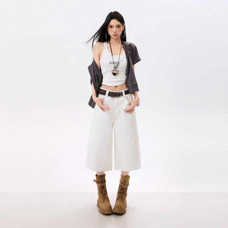 Fashion Summer Relax Fit Casual Wide Leg Cropped Capri Denim Pants For Women Trendy Versatile Loose Straight Slimming AllMatch Design