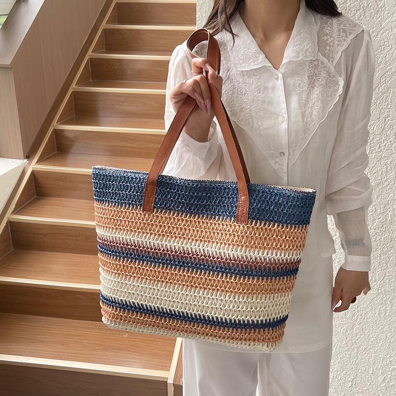 Striped Straw Woven Tote Bag - Large Capacity Beach Vacation Shoulder Bag
