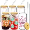 6 Sets Trinkbecher für Brustkrebsaufklärung, Einmachglas-Becher, Eiskaffee-Becher mit Bambusdeckeln, Glasstrohhalm und Aufklebern