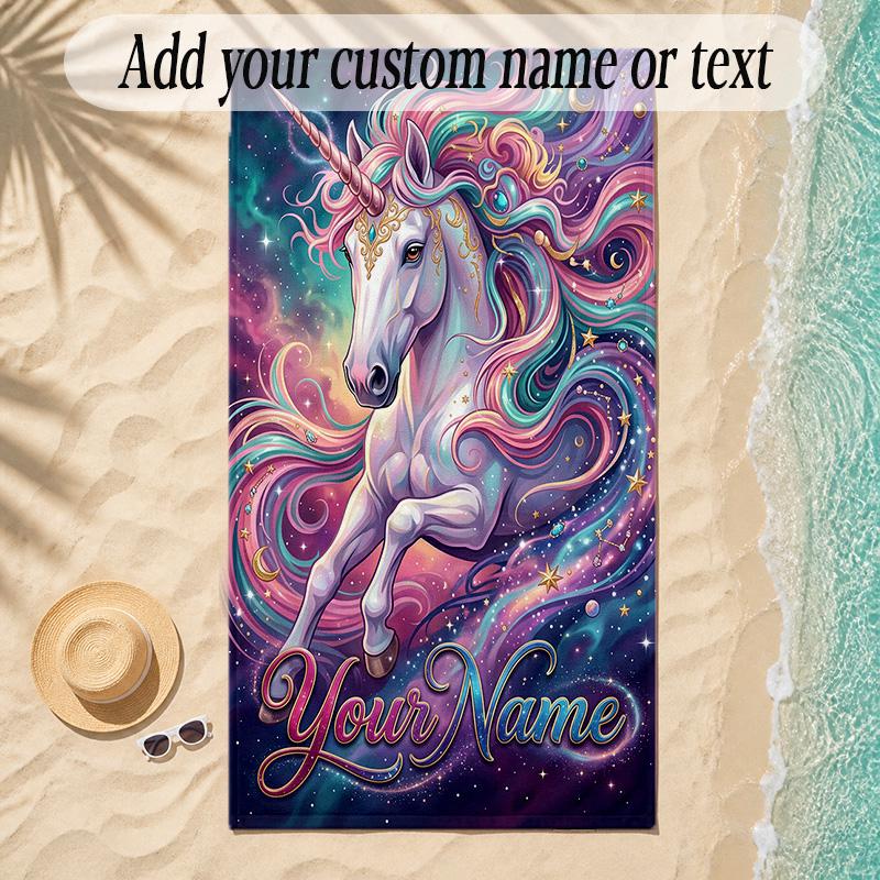 Unicorn Theme Soft Beach Towel Personalized Custom Name Text Towel Portable for Beach Pool Travel
