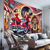 2D Flat Printed Vintage 1950s Rock And Roll Tapestry Peach Skin Classic Car Jukebox Wall Hanging Americana Retro Party Decor