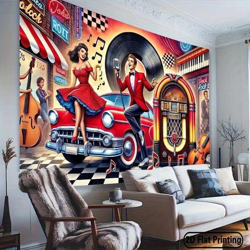 2D Flat Printed Vintage 1950s Rock And Roll Tapestry Peach Skin Classic Car Jukebox Wall Hanging Americana Retro Party Decor