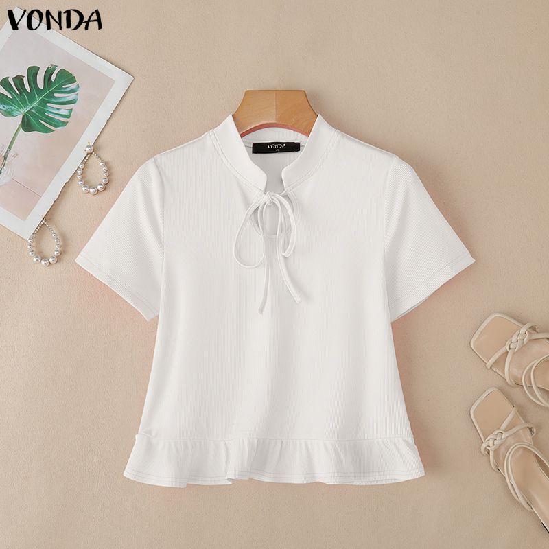 VONDA Women Stand Neck Short Sleeve Bow Knot Rib Casual Cropped Blouse Tops