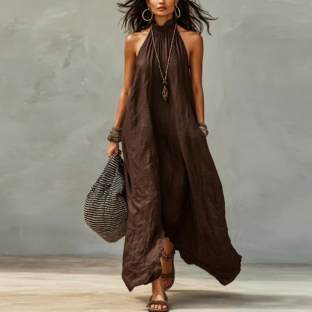 Damen Farb-Hals-Maxikleid für Freizeit