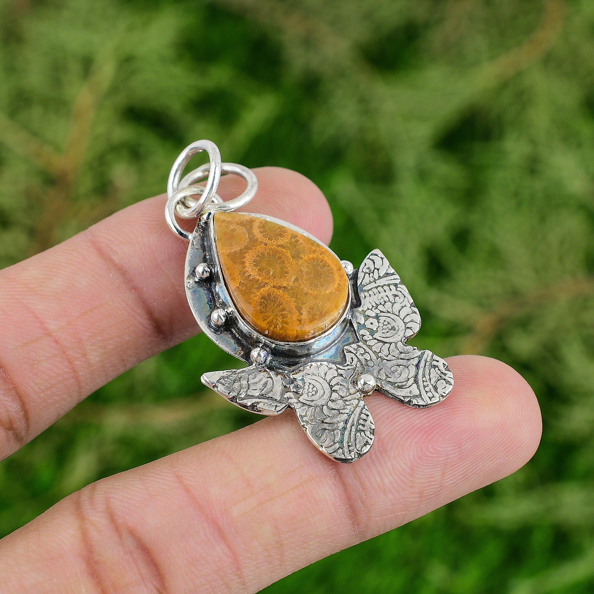 

Friendship Day Sale Pear Natural Fossil Coral Bezel Pendant 925 Sterling Silver