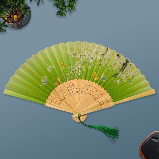 Éventail Pliant Chinois En Soie Et Bambou - Avec Gland, 29 Cm Déplié, Sac De Rangement, Pour Mariage, Décoration, Cadeau