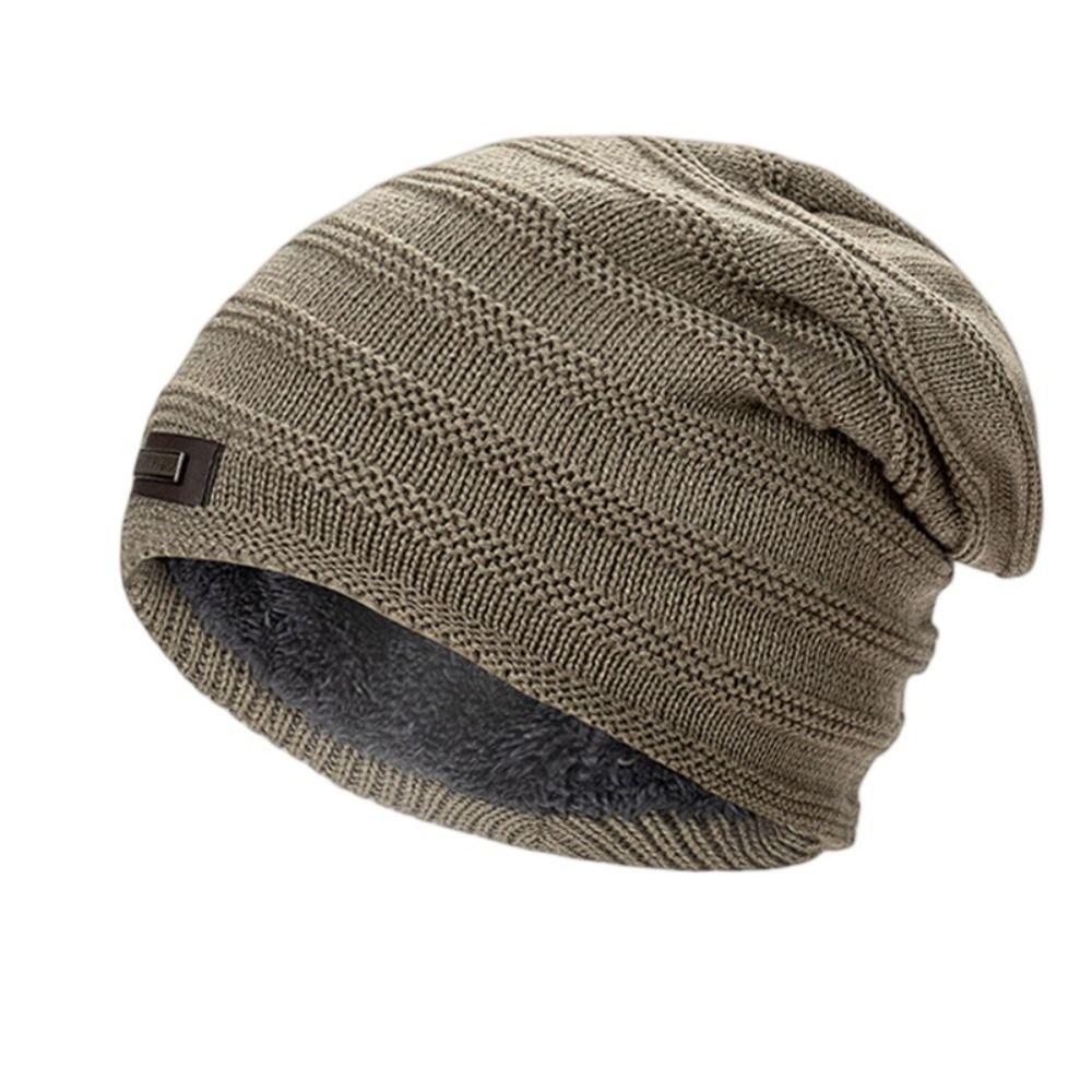 With Tag Fashion Fleece Lined Men's Winter Hat Warm Polyester Knitted Cap Striped Plain Beanies Male