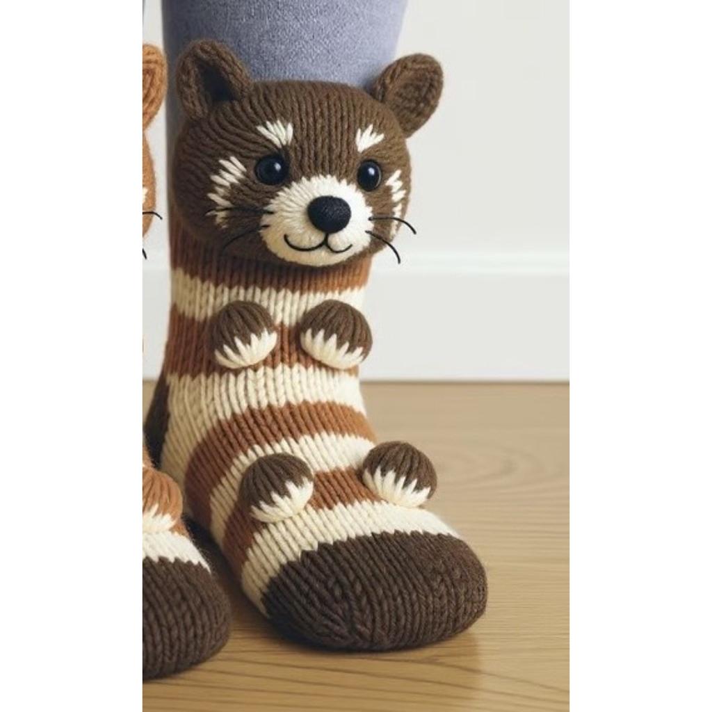 A Pair of Warm Floor Socks - Christmas Animals with Geometric Paw Prints/eye Patterns, Winter Warmth/outdoor Floor Socks