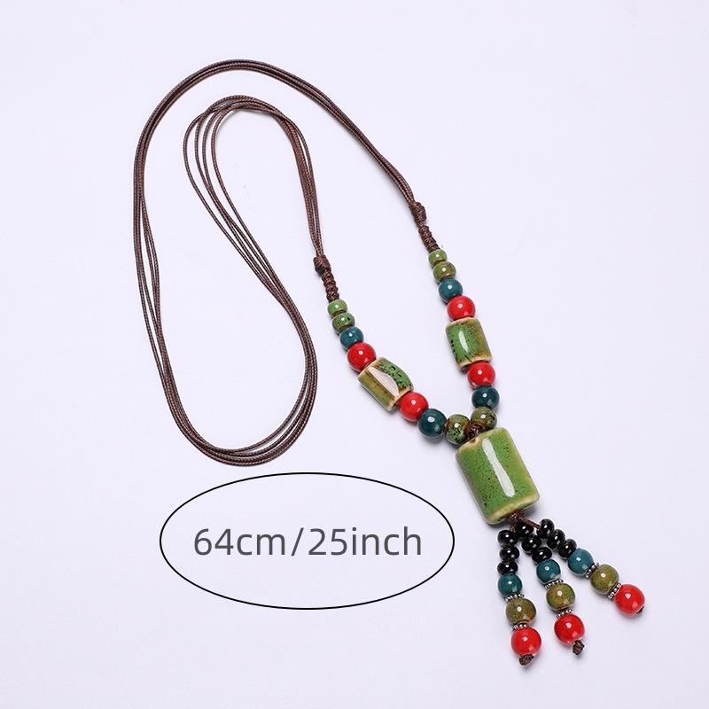 Ceramic Pendant Necklace Handmade Knotted Braided Rope Adjustable Long Sweater Chain Boho Vintage Ethnic Tribal Fashion Women Accessories Jewelry