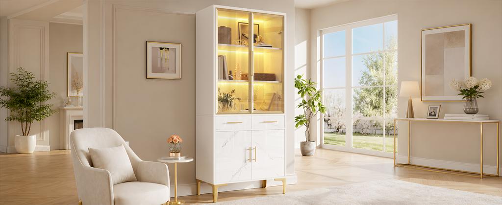 Armadio Alto, Vetrina, Credenza, Mobile da Sala da Pranzo, Vetrina Alta con Ante in Vetro LED APP Effetto Marmo Lucido 2 Cassetti Piedi in Metallo