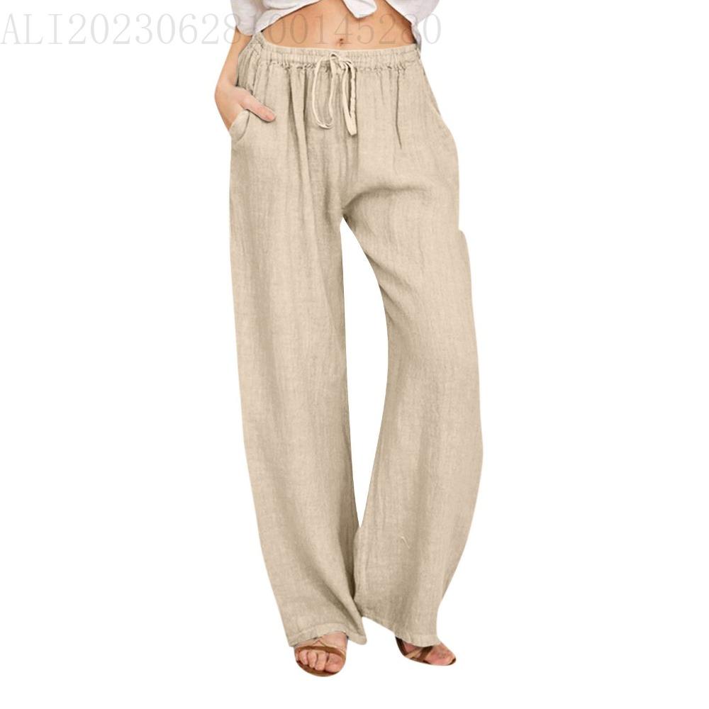 GMXIA Large Size Women's Elastic Waist Long Linen Casual Loose Wide Leg Trousers