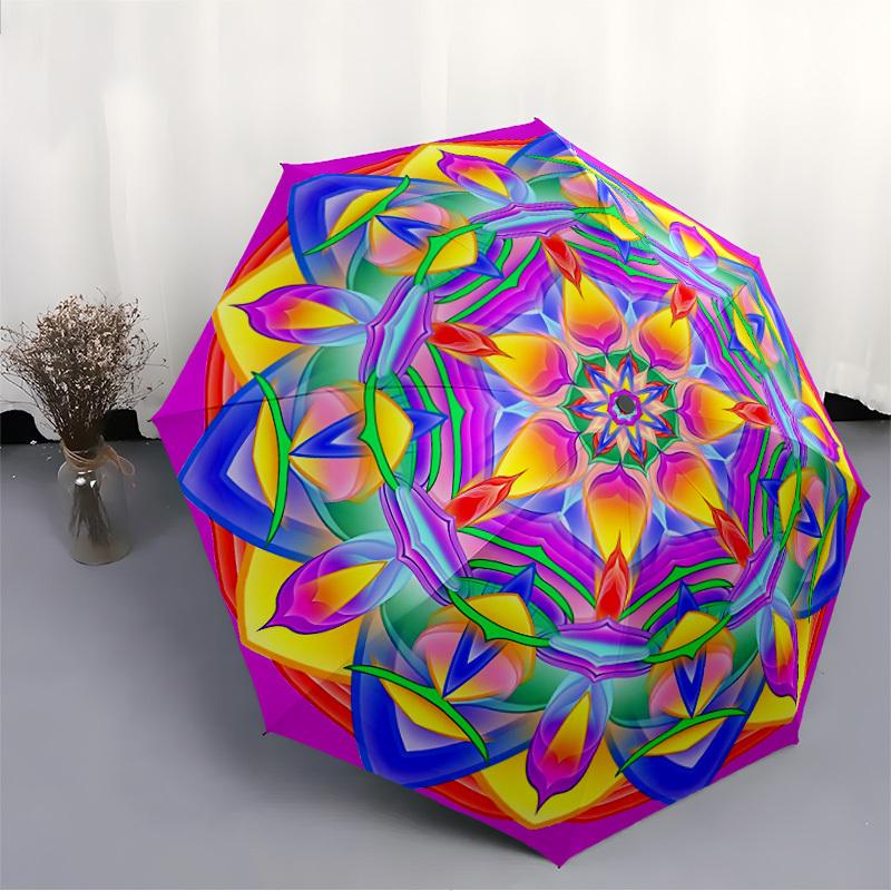 1pc Kaleidoscope Pattern Folding Umbrella With Excellent UV Protection, 8 Ribs Casual Durable Lightweight Portable Travelling Umbrella For M