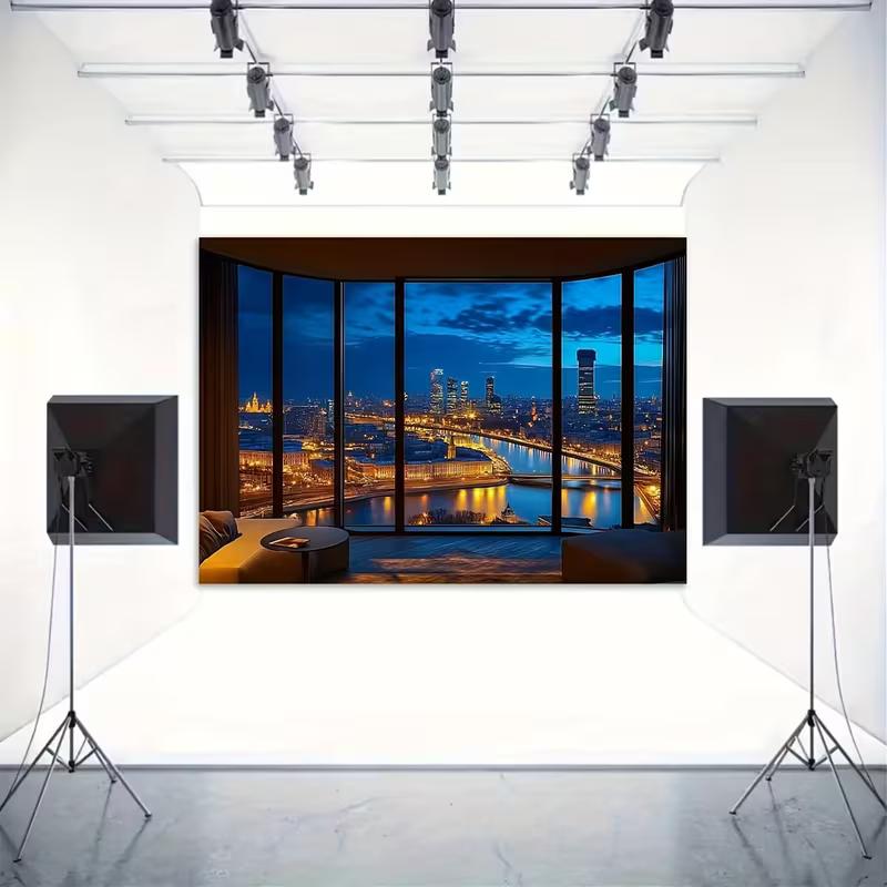 2D Modern Room Backdrop, Night City Skyline Window Scene Party & Live Background