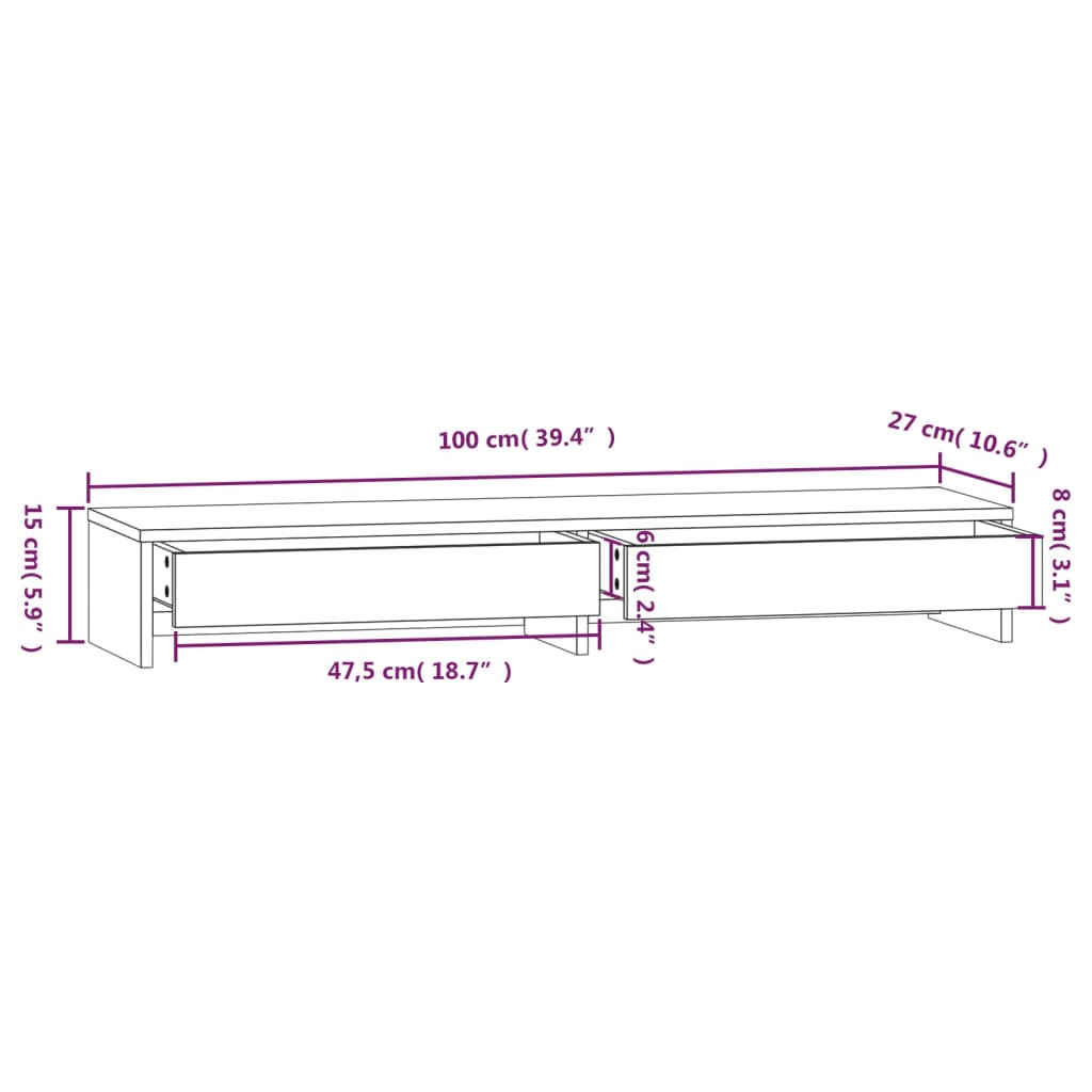 Monitor Stand White 100x27x15 cm Solid Pine Wood