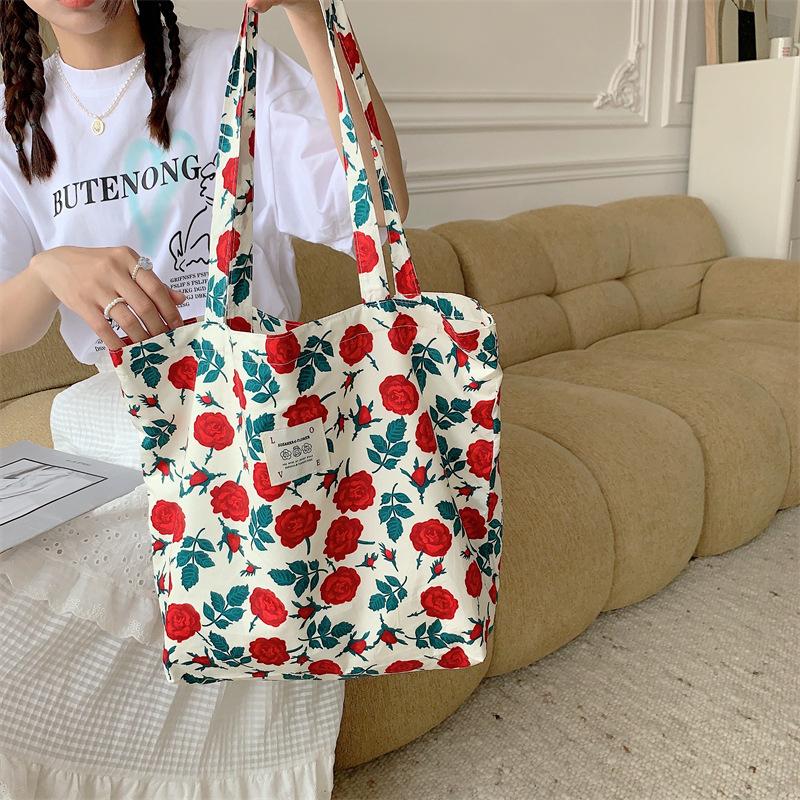 Retro Floral Women's Canvas Shoulder Bag High Capacity Girls Student Book Tote Handbag Cute Flower Female Reusable Shopping Bags