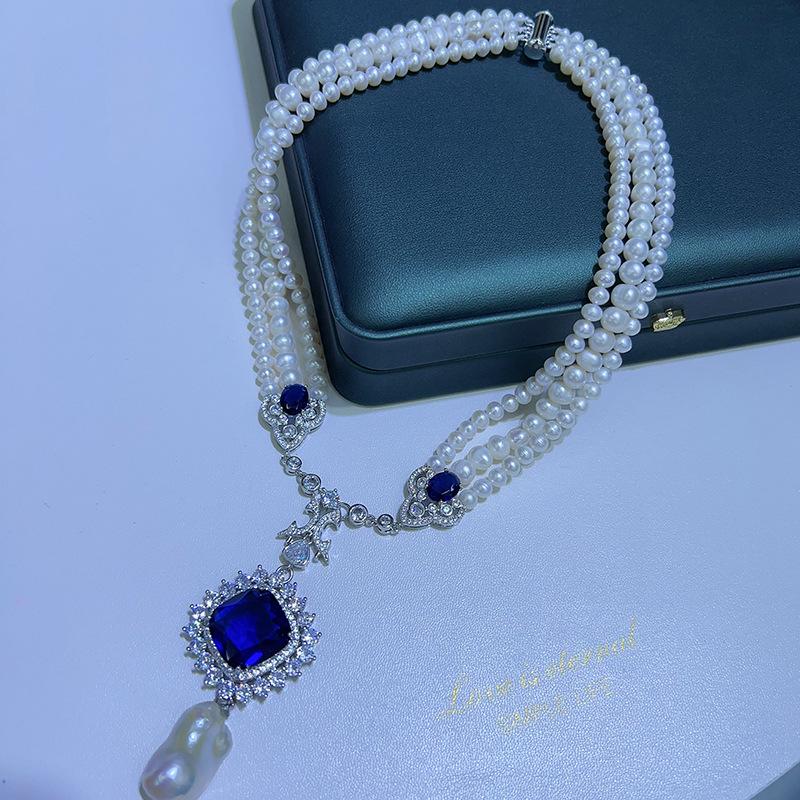 Sapphire Zirconia & Pearl Multi-Layer Necklace