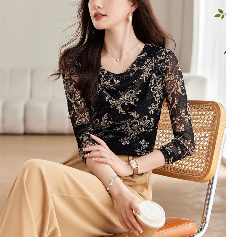 New Spring and Autumn Women's Style O-Neck Long Sleeve Slim Gauze Printed Temperament Pullovers Trendy Commute All-match Tops