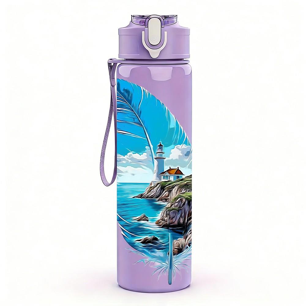 1PC Feather Scenery Painting 750ml Color Plastic Sports Water Bottle Leakproof Flip Straw Lid Suitable for Sports Office Home Use