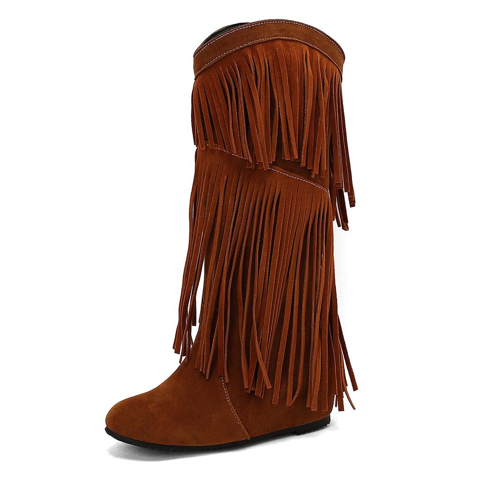 Women's Round Toe Wedges Boots Tassel Winter New Bohemian Flock Mid-calf Boot Female Warm Plush Lined Platform Knee High Boots