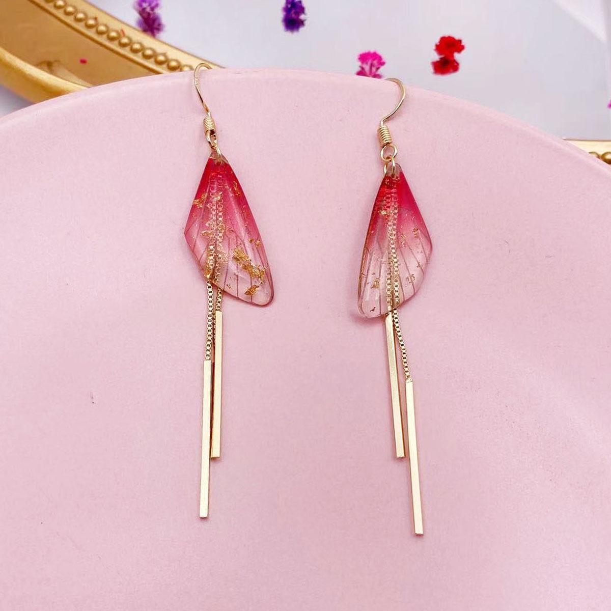 Разноцветные длинные серьги-крылья с бахромой, инкрустированные бриллиантами, крылья цикады, постепенное изменение цвета, пусеты, популярные серьги